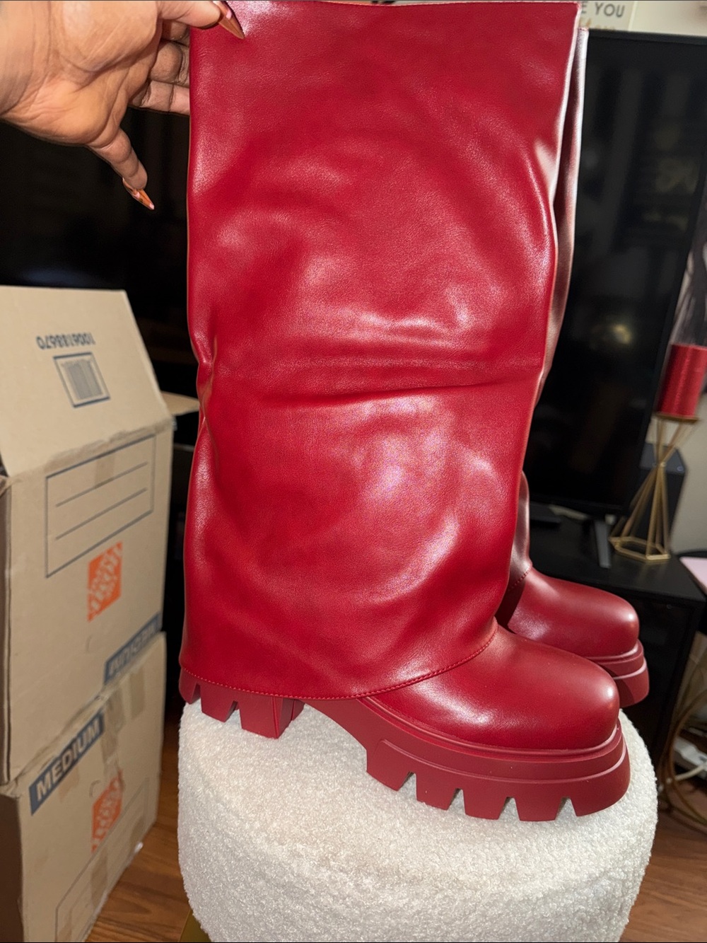 Red Chunky Platform Knee-High Boots - Unbranded fold over look.